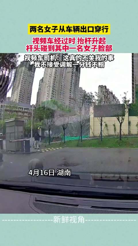 两名女子从车辆出口穿行 视频车经过时抬杆升起 杆头碰到女子脸部！