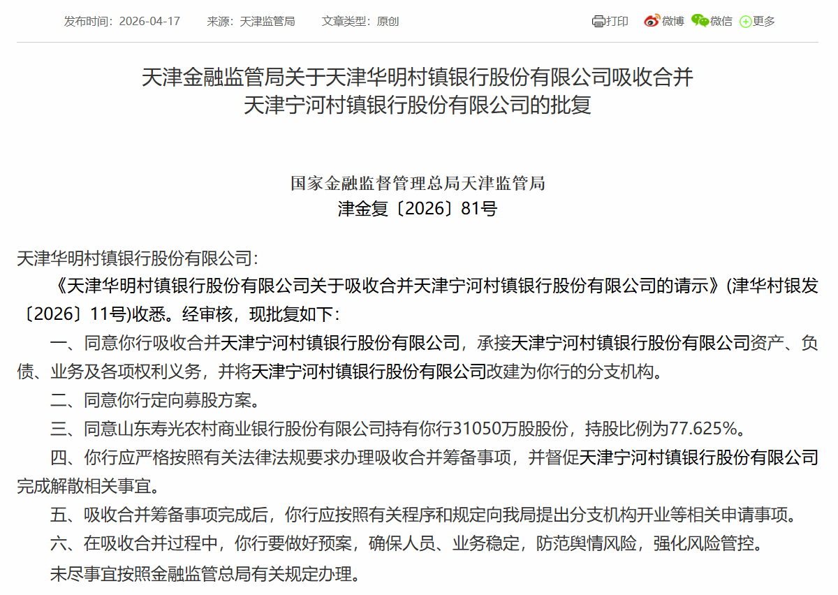 寿光农商行77.6%控股!天津两家村镇银行将合并