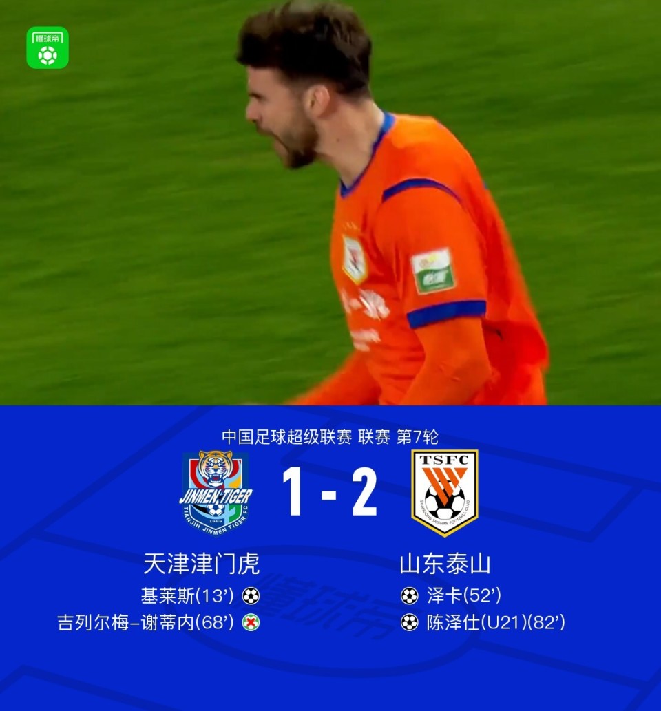 山东客场2-1逆转津门虎，泽卡破门+中框，谢蒂内助攻+丢点
