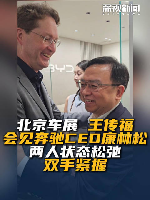 北京车展 王传福会见奔驰CEO康林松 两人状态松弛 双手紧握