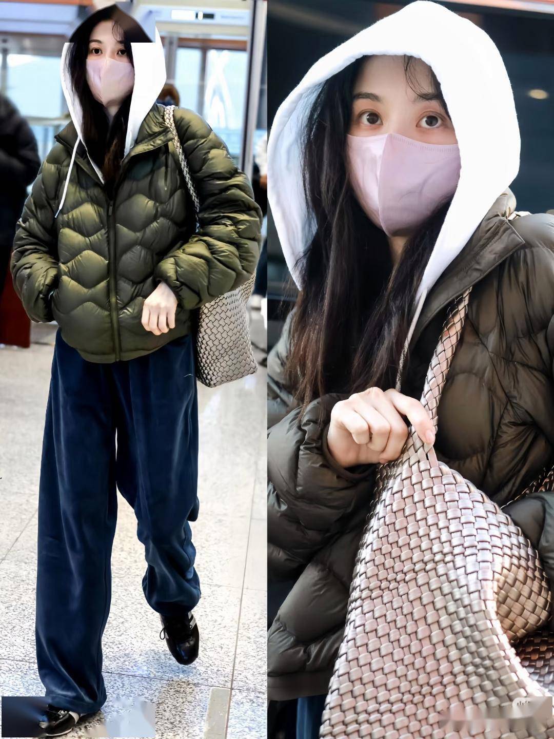 宋祖儿素颜走机场，羽绒外套内搭连帽卫衣，又嫩又水灵！