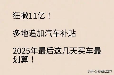 狂撒11亿!多地追加汽车补贴，2025年最后这几天买车最划算!