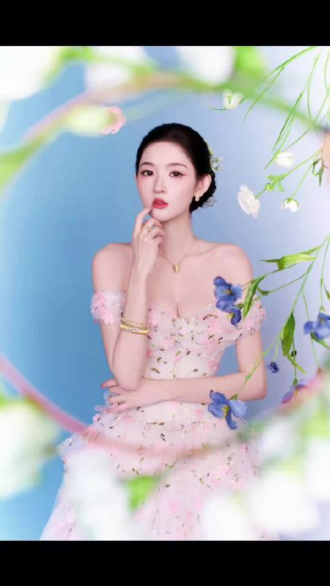 王玉雯这套造型一整个鲨疯！一字肩加烂漫繁花礼裙，优雅氛围感直接拉满！