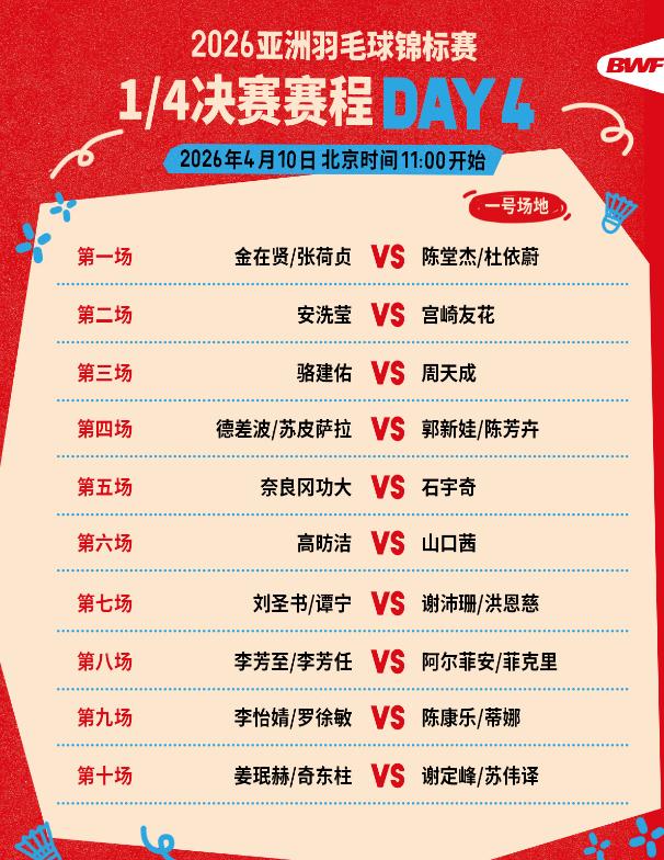 石宇奇、“梁王”组合等将出战 2026羽毛球亚锦赛1/4决赛赛程公布