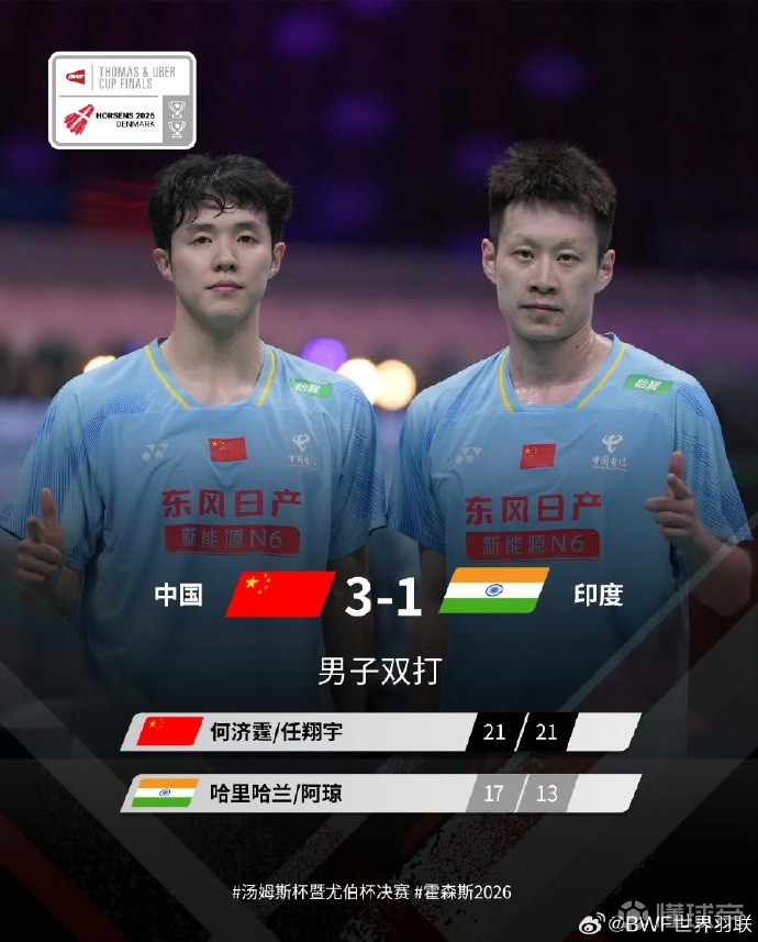 汤姆斯杯：国羽3-1领先印度，小组第一晋级淘汰赛