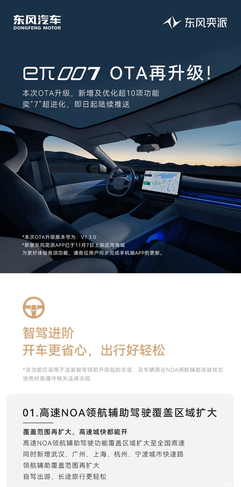 新增及优化超10项功能 东风奕派eπ007 OTA升级V1.3.0版本-第一电动网
