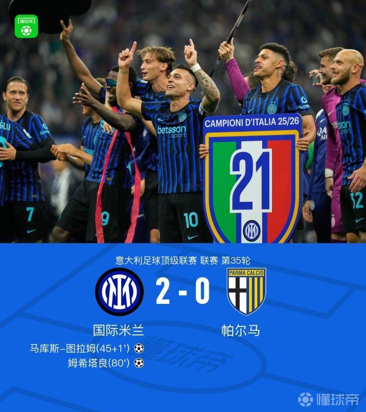 剑南春丨国米2-0帕尔马提前三轮夺得意甲冠军，小图拉姆建功