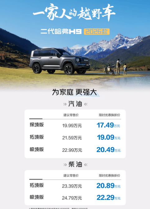 二代哈弗H92026款焕新登场，智慧舒适越野三重升级，限时优惠17.49万起