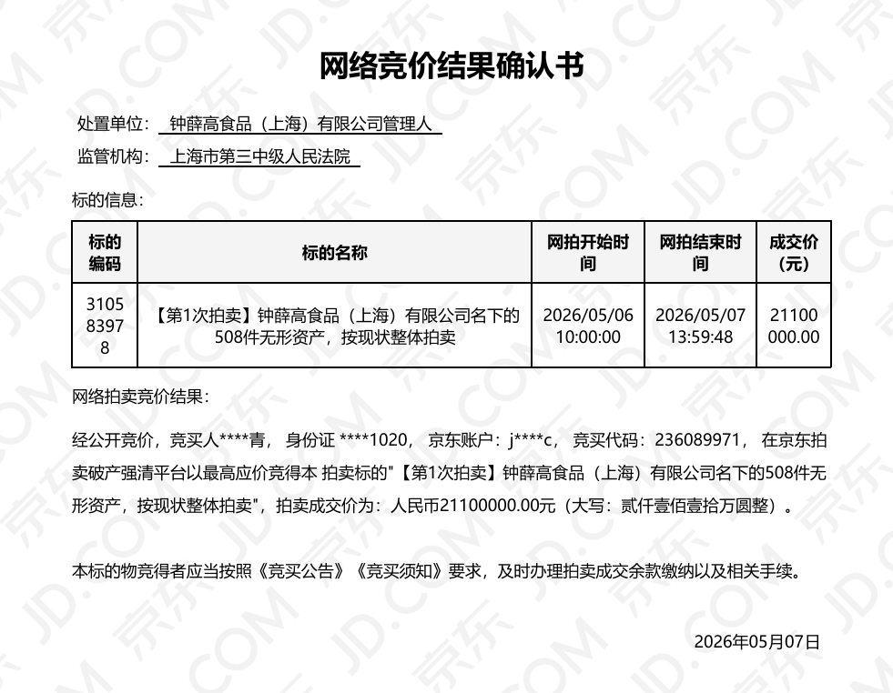 網絡競價結果確認書。