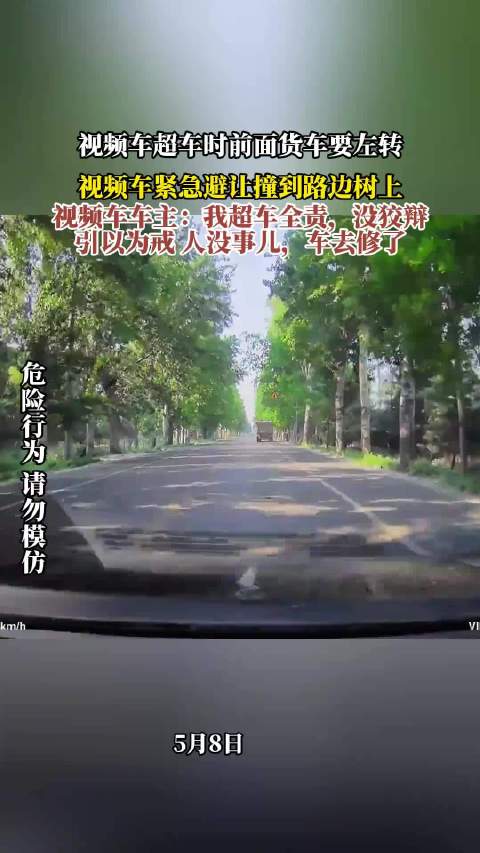 视频车超车时前面货车要左转，视频车紧急避让撞到路边树上