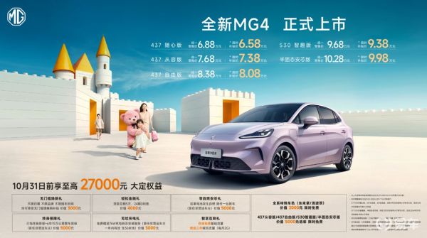 全新MG4上市:400km续航6.58万，半固态10万内