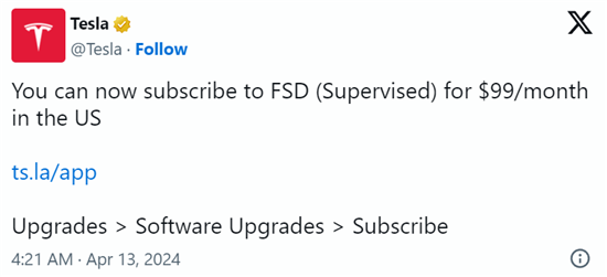 对半砍 特斯拉FSD在美国和加拿大降价