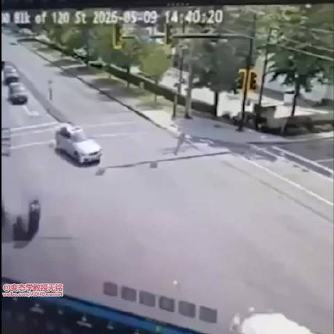 加拿大摩托车手撞灯柱悬挂半空获救