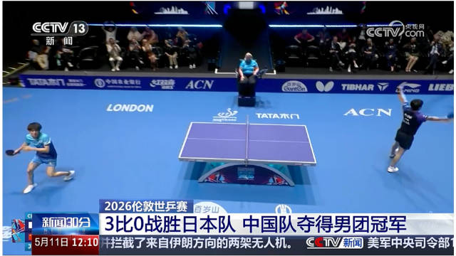 CCTV13报道世乒赛男团夺冠 “林诗栋冷静应对，出手坚决” ·