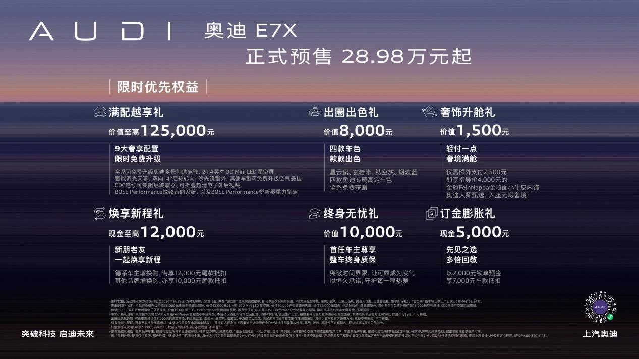 德系豪华纯电新旗舰奥迪E7X正式预售 28.98万起重塑价值标杆