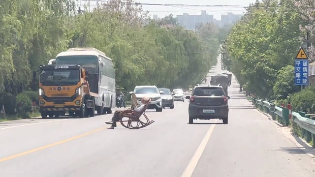 大爷马路中央晒太阳逼停货车