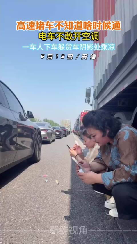 高速堵车电车不敢开空调 一车人下车躲货车阴影处乘凉！