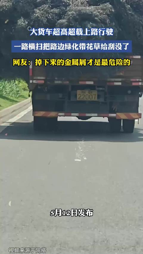 大货车超高超载刮毁绿化带,金属屑散落引安全隐患