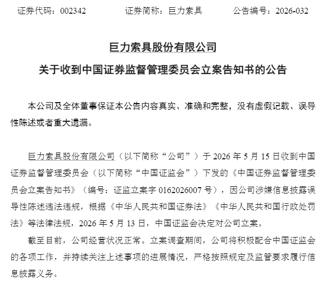 V观财报｜巨力索具被立案，年内股价涨111%