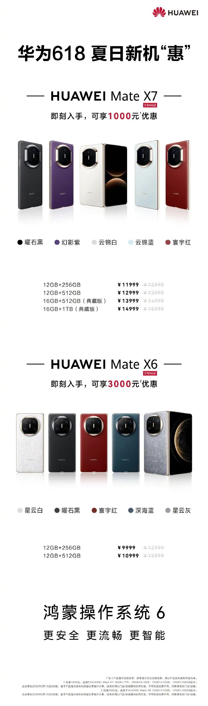 华为手机官宣降价:Mate X7直降1000元,Mate X6直降3000元