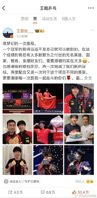 王楚钦庆生总结世乒赛：团队荣誉高于个人