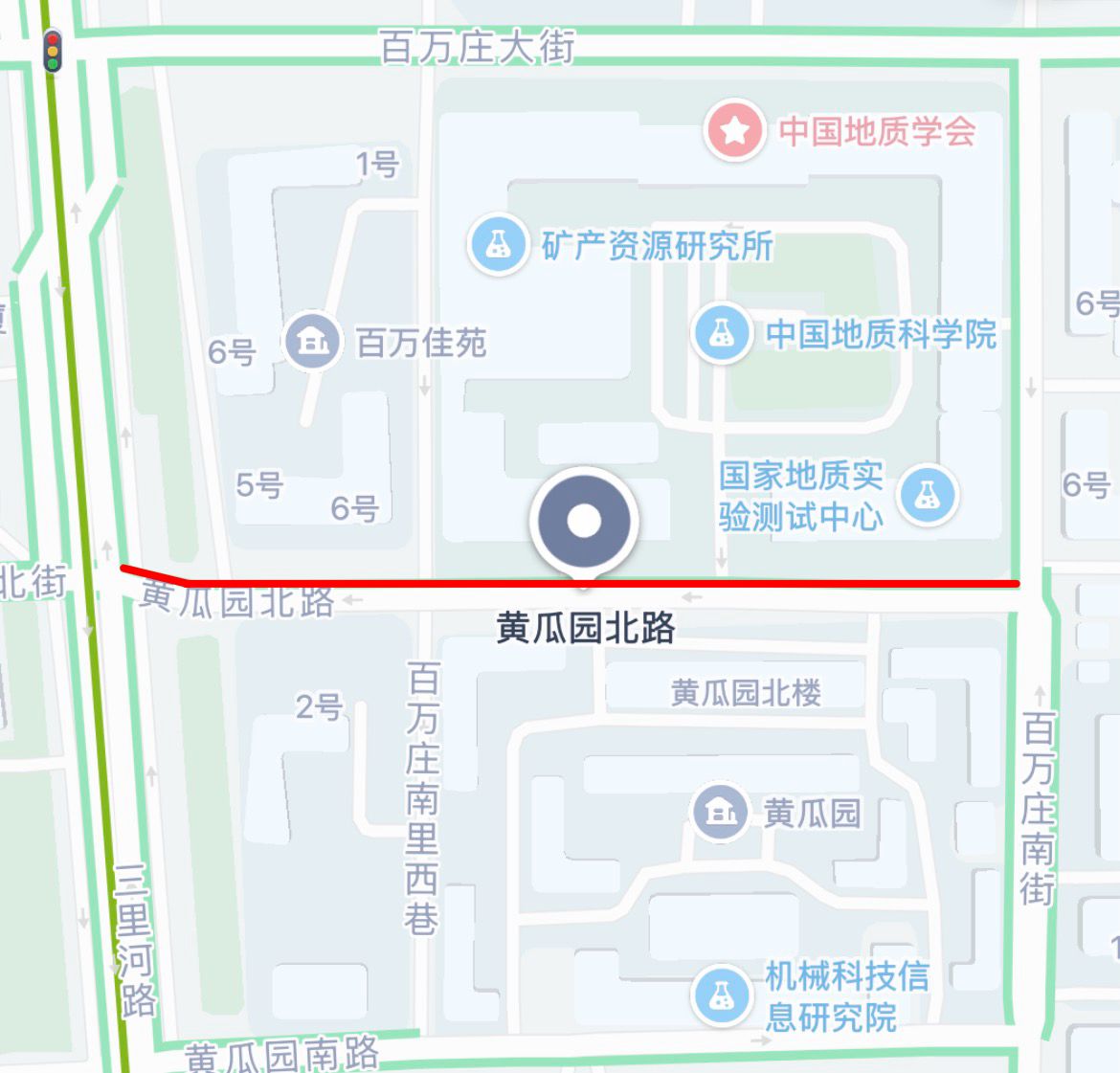 黃瓜園北路位於西二環外，東至百萬莊南街，西至三里河路。地圖截圖