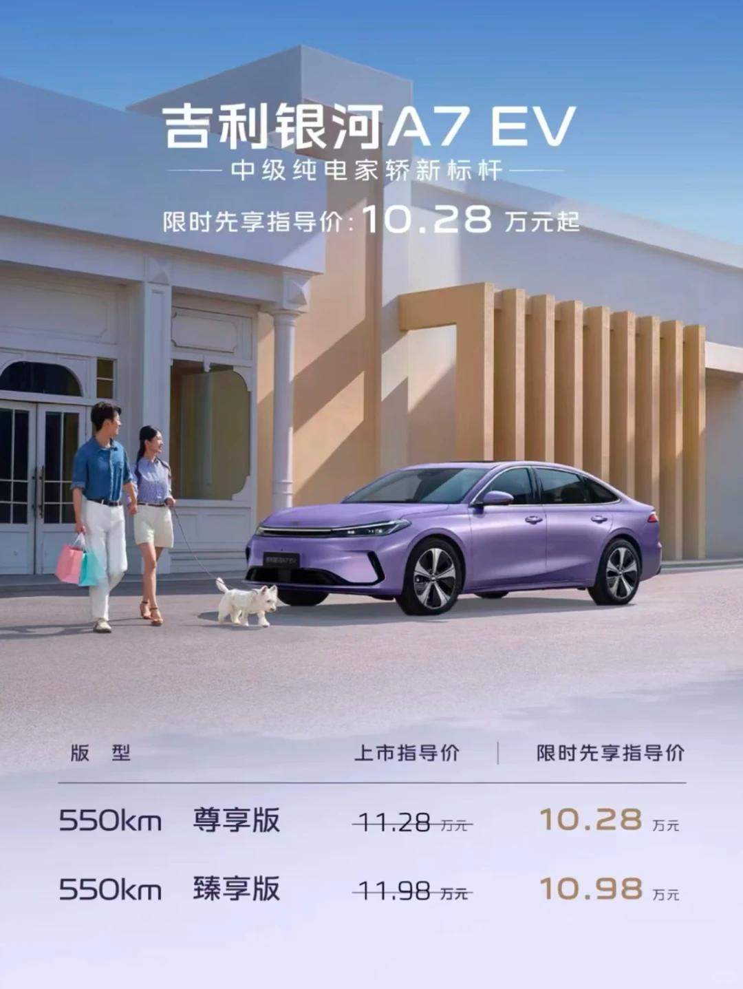 550km续航+10.28万起,吉利银河A7 EV把中级纯电家轿价格打下来了