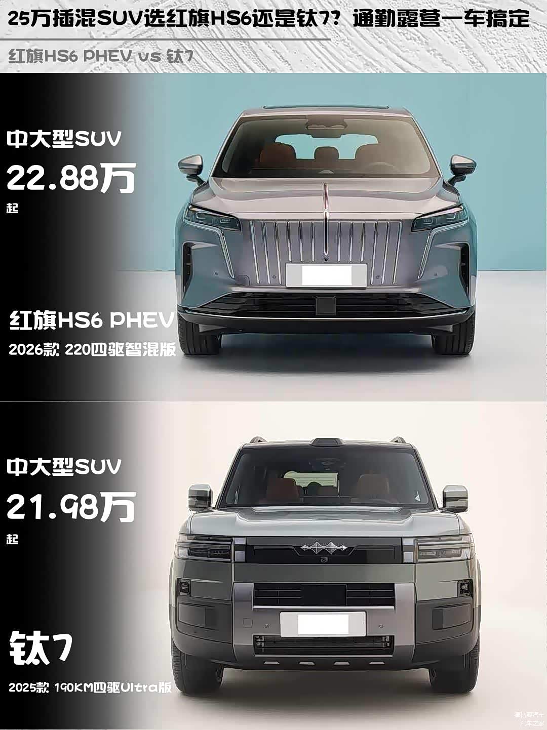 25万插混SUV选红旗HS6还是钛7?通勤露营一车搞定