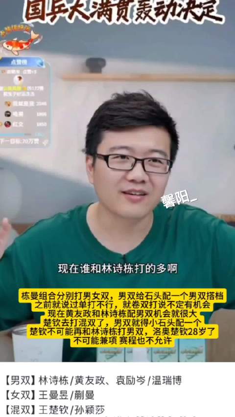 国乒大满贯双打阵容调整，林诗栋男双搭档待定