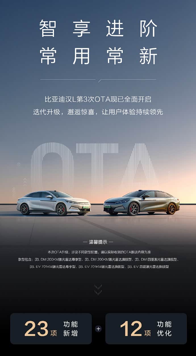 比亚迪官宣:汉L 第3次OTA全面开启