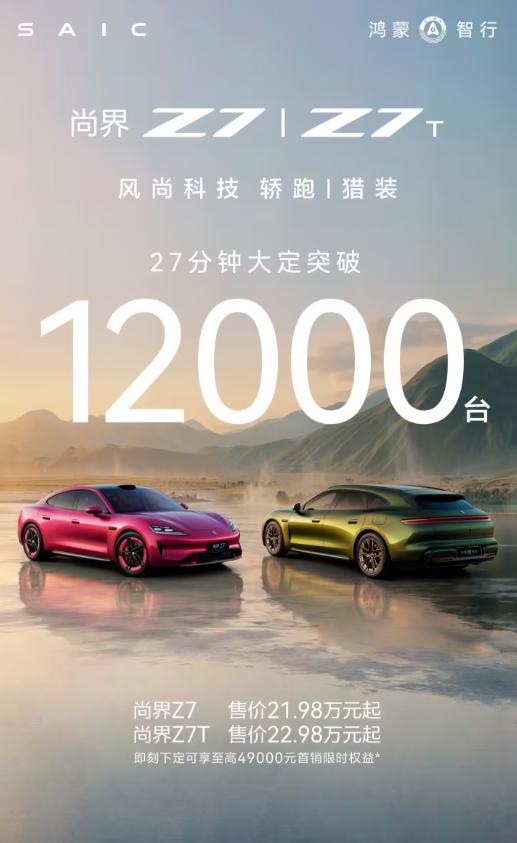 尚界Z7系列上市27分钟大定1.2万 问界M6大定破万!
