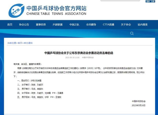 中国乒乓球队东京奥运会参赛名单正式公布