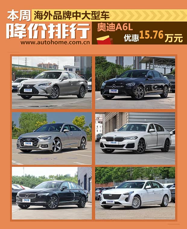 奥迪A6L降15.76 万元 中大型车降价排行