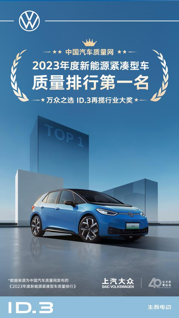 上汽大众ID.3荣获“2023新能源紧凑型车质量排行”第一- 车市快报 -华龙网