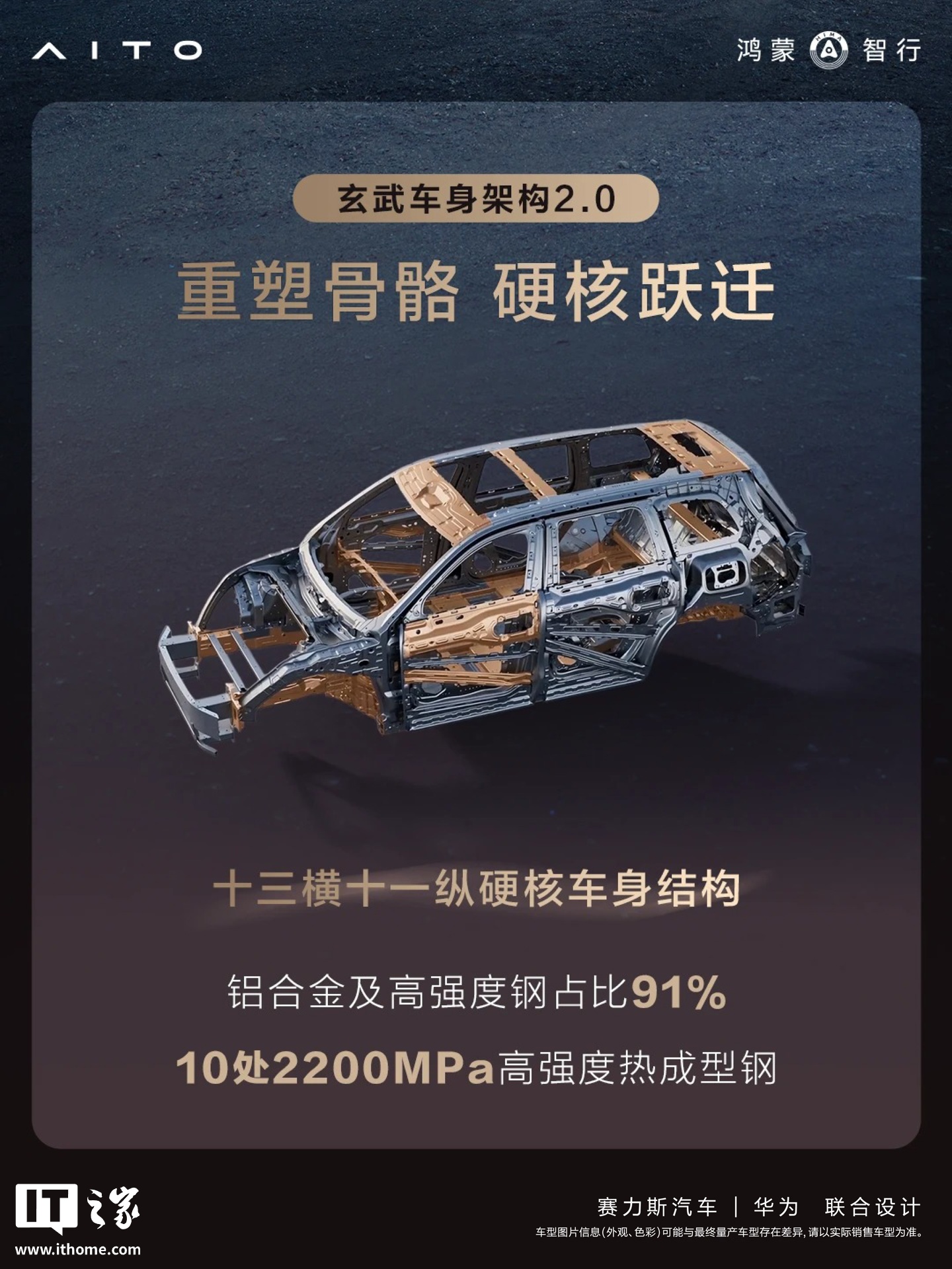 鸿蒙智行问界 M9 系列官宣搭载玄武车身构架 2.0：十三横十一纵车身结构，铝合金及高强度钢占比 91%