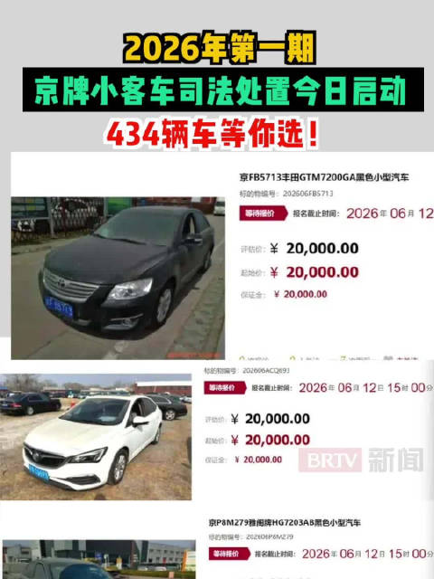 2026年第一期京牌小客车司法处置今日启动 434辆车等你选！