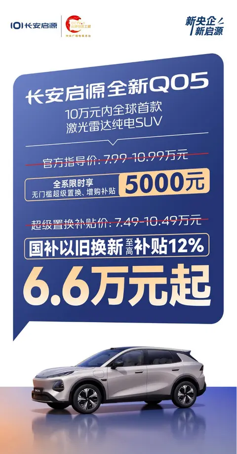 厂家补贴叠加国补 长安启源全新Q05售价6.6万元起