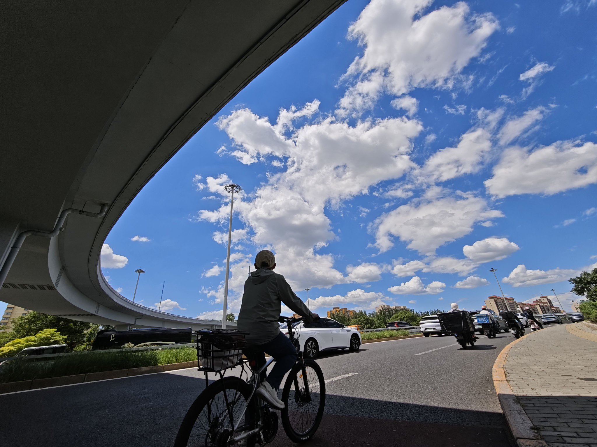 6月9日，北四環健翔橋上，一名騎車人正仰頭看天空。新京報記者 王巍 攝