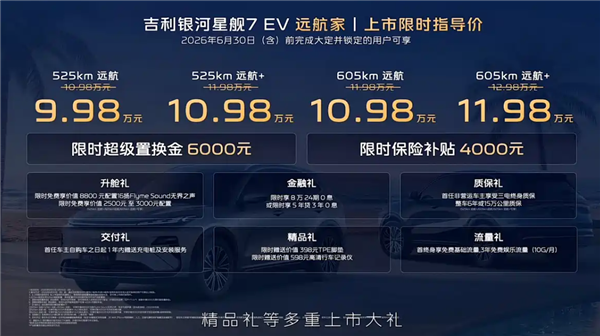 最大续航605km！吉利银河星舰7 EV远航家上市：限时9.98万起
