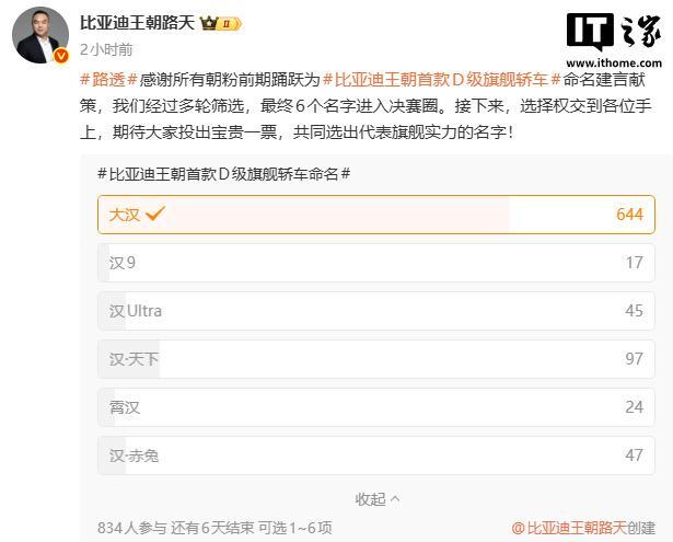 比亚迪王朝首款D级旗舰轿车征名:大汉、汉9等进入决赛圈