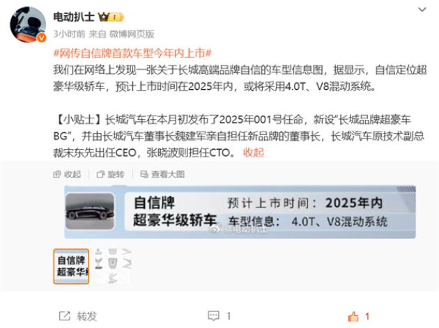 长城豪华轿车年内登场，4.0T V8混动加持，劲爆来袭
