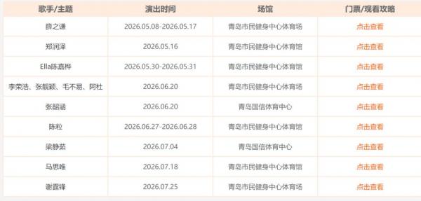 2026年青岛演唱会时间表汇总