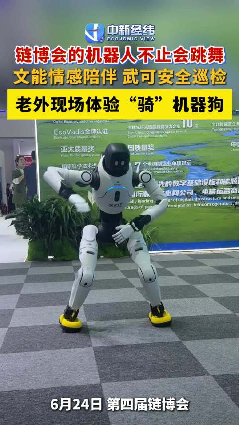 链博会的机器人文能情感陪伴，武可安全巡检老外链博会现场体验骑机器狗