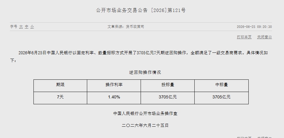 央行开展3705亿元7天期逆回购操作