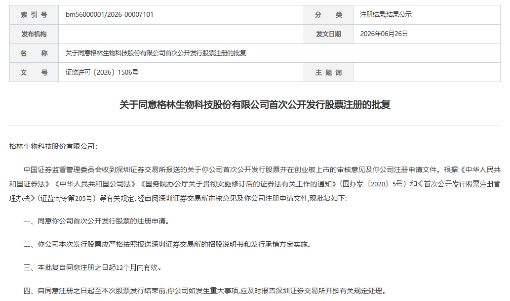 证监会同意格林生物创业板IPO注册