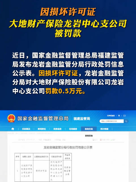 因损坏许可证，大地财产保险龙岩中心支公司被罚款