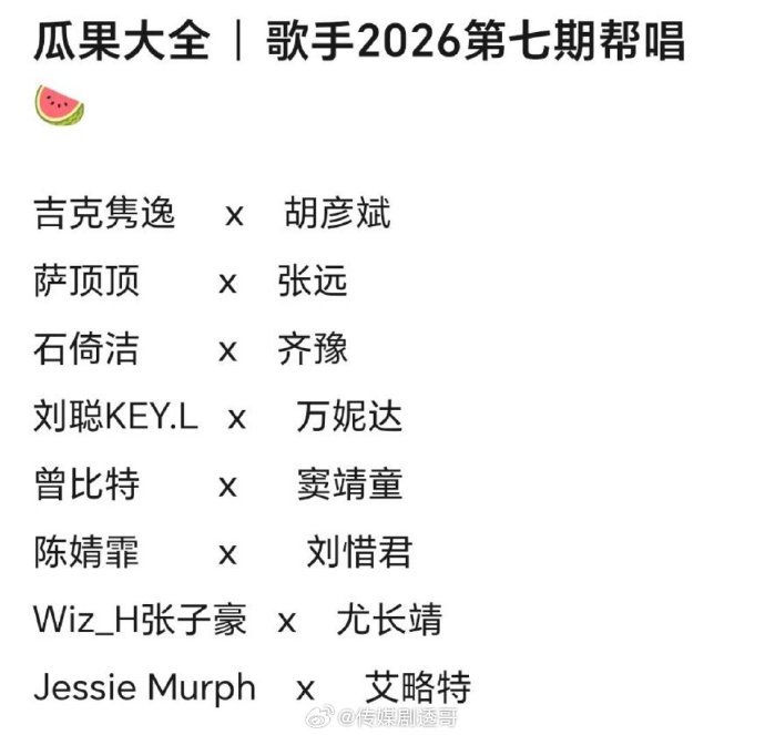 歌手2026第七期帮唱阵容曝光 跨界组合引热议