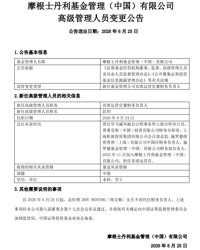 摩根士丹利基金首席运营官彭玥兼任财务负责人