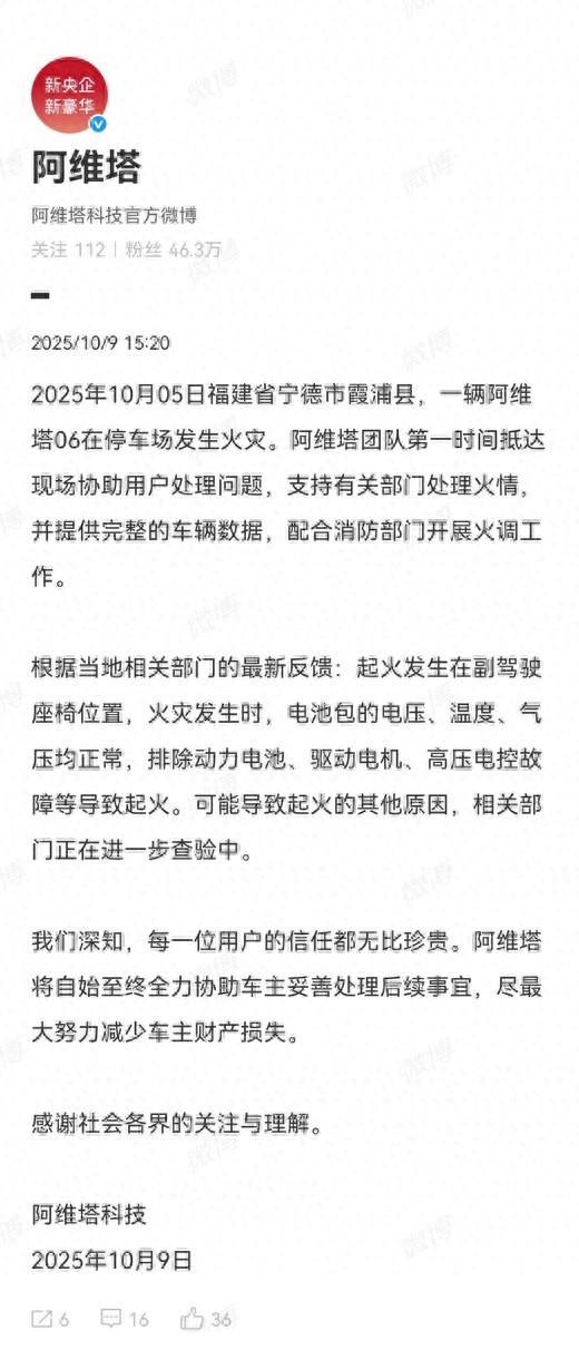 阿维塔06调查结果公布!排除电池起火