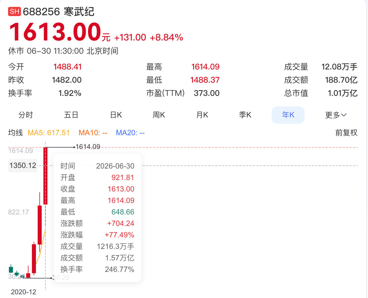 科创板首支万亿市值股诞生！寒武纪十一个月暴涨363%